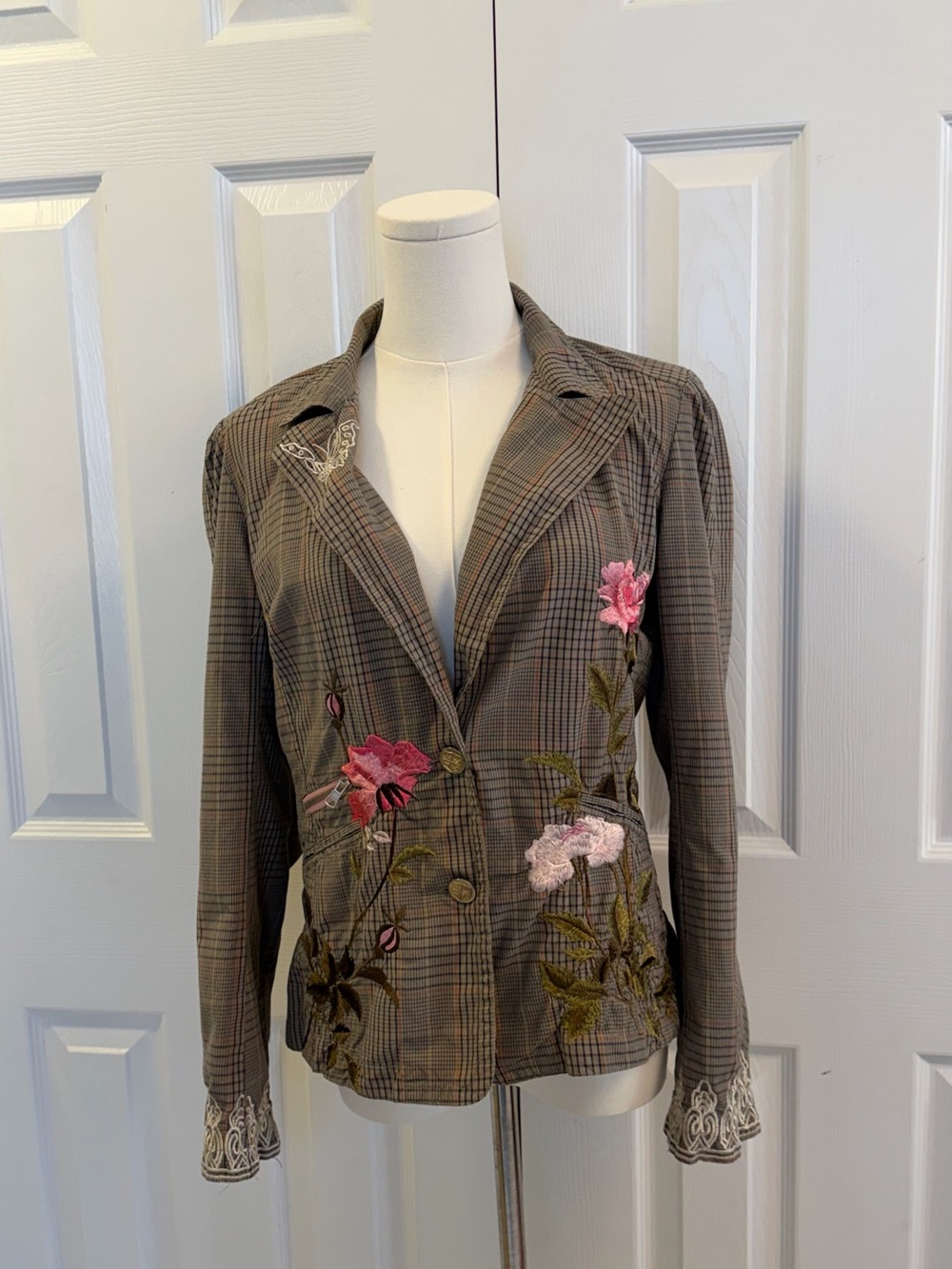 3J Workshop Rachel Jacket Embroidered Floral Plaid Cotton Blazer M